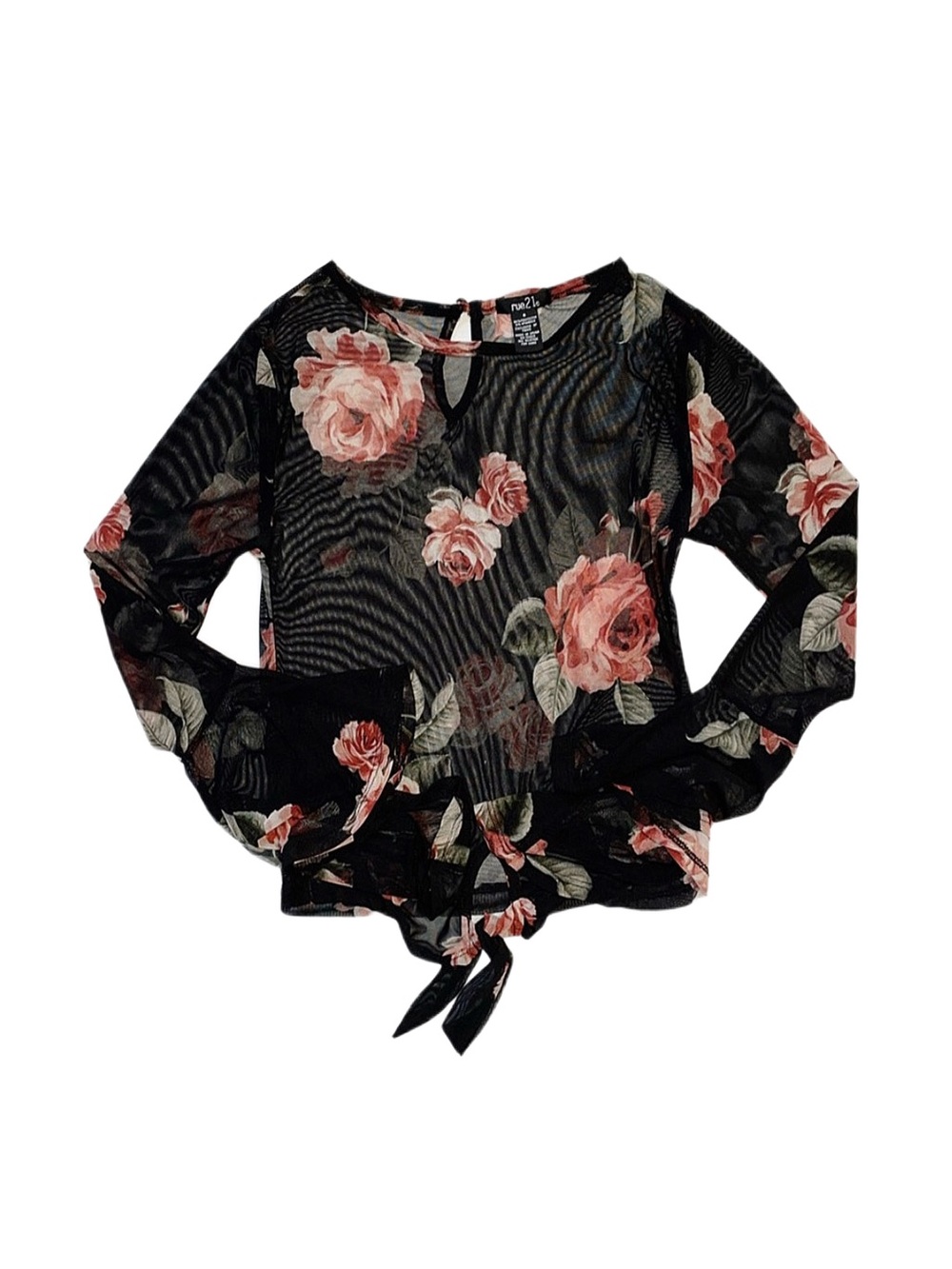 RUE 21 Women's Black Floral Sheer Long Sleeve Blouse
